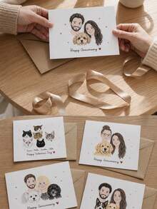 Custom Portrait Greeting Card, Personalized Photo Drawing Card With Custom Text, Hand‑Drawn Family & Pet Portrait, Sweet Gift For Valentine's Day, Anniversary, Suitable For Sending Warm Wishes To Your Loved Ones - Multicolor - View 6