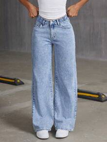 Pantalones vaqueros cómodos y de pierna ancha para niñas preadolescente, con estampado de lazo bordado - Azul lavado medio - Ver 3