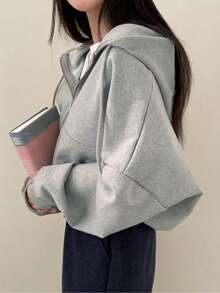 Jaket Sweatshirt Kasual dengan Tudung dan Resleting Ganda - Grey - View 2