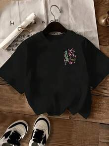 Plus Size Black Arizona Green Tea Front & Back Print Short Sleeve Crew Neck T-Shirt, Japanese Cherry Blossom, Medium Stretch Knit Fabric, Suitable For Spring Summer Autumn, Casual Loose Streetwear Top - Black - View 3