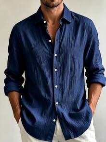 Autumn Casual Fashion Men's Plus Size Loose Long Sleeve Button-Up Shirt - Navy Blue - View 1