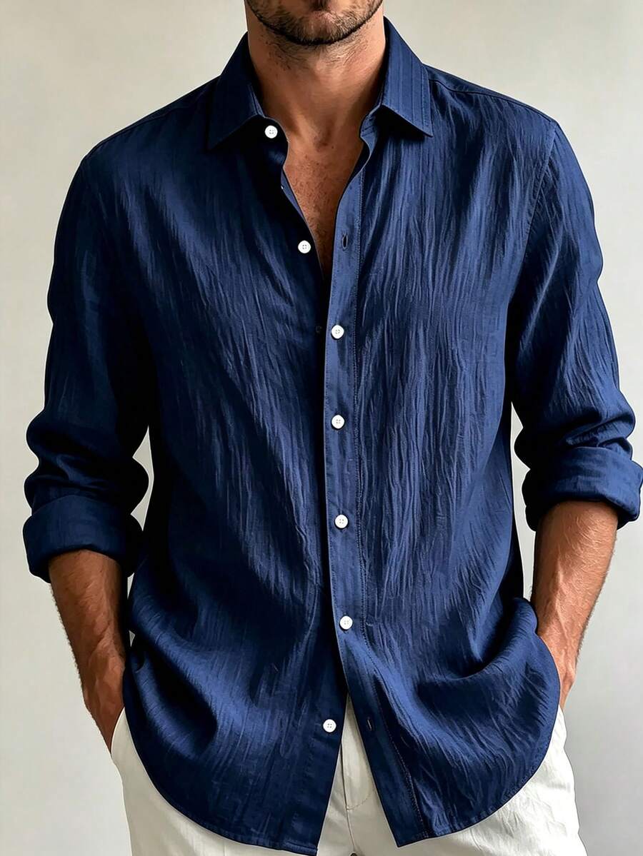 Autumn Casual Fashion Men's Plus Size Loose Long Sleeve Button-Up Shirt - Navy Blue - View 1