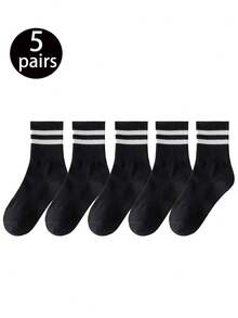 24 Pairs/20 Pairs/18 Pairs/15 Pairs/10 Pairs/6 Pairs/4 Pairs/2 Pairs/1 Pair Black And White Striped Thick Mid-Calf Socks, Comfortable And Breathable Business Casual Socks. Shark Series Soft, Lightweight, Odor-Resistant Unisex Sports Socks, Warm For Autumn And Winter - Multicolor - View 9