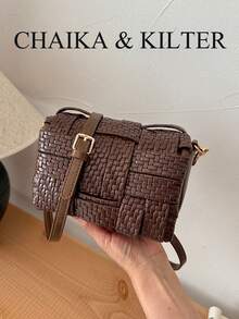 1pc Solid Color PU Fabric Women's Fashion Crossbody Square Bag With Full Woven Texture Patchwork Design, Adjustable Shoulder Strap, Shoulder/Crossbody Use, Suitable For Daily Shopping - Coffee - View 1