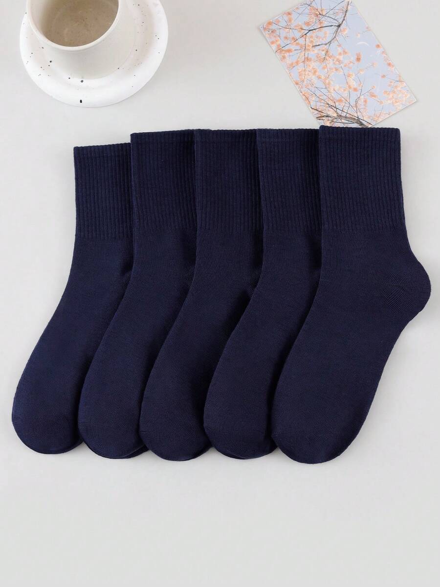 1/5 Pairs Men's Socks, Classic Navy Blue Vertical Striped All-Match Mid-Calf Socks, Unisex Business Commute Versatile Solid Color Socks - Multicolor - View 1