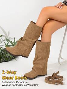 Camel Strap Buckle Detachable Leg Boots Slip-On Chunky Low Heel Round Toe Elegant Versatile Comfortable Vacation Commute Daily Fashion Mid-Calf Boots Women's - Camel - View 2