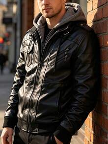 Chaqueta con capucha con cremallera y manga larga de cuero sintético para hombre, para otoño e invierno - Negro - Ver 9