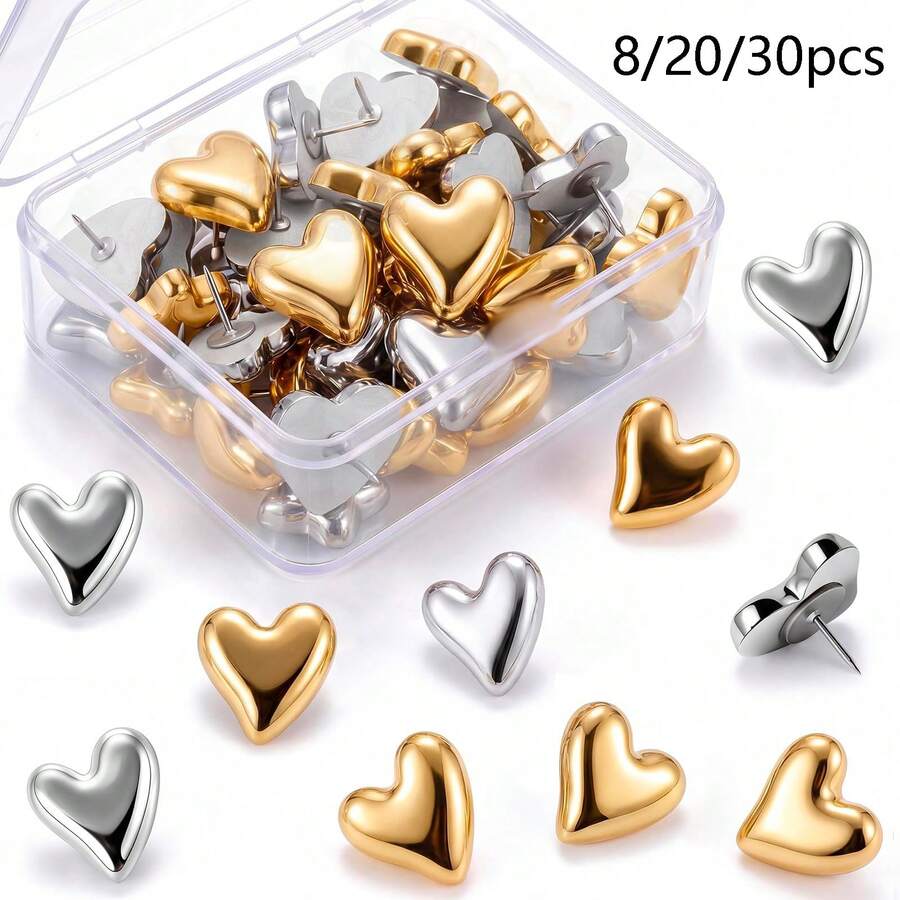 8pcs/20pcs/30pcs Cute Heart Shaped Push Pins, Gold & Silver Heart Office Thumbtacks, Suitable For School, Office, Decor, Photo Wall - Multicolor - View 1