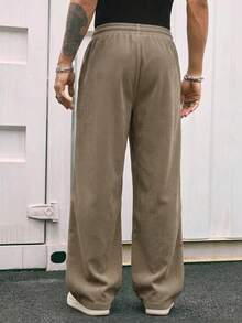 Men's Vertical Striped Corduroy Wide Leg Casual Pants, Elastic Drawstring Straight Leg Long Pants, Autumn Loose Drapey Floor-Length Trousers - Coffee Brown - View 2