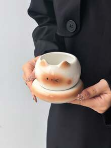 1 Set Siamese Cat Hand-Held Coffee Cup & Saucer, Niche Design Cute Cat Coffee Cup & Matching Small Round Saucer, Capacity Perfect For Arabic Coffee, Afternoon Tea, Gift - Multicolor - View 9