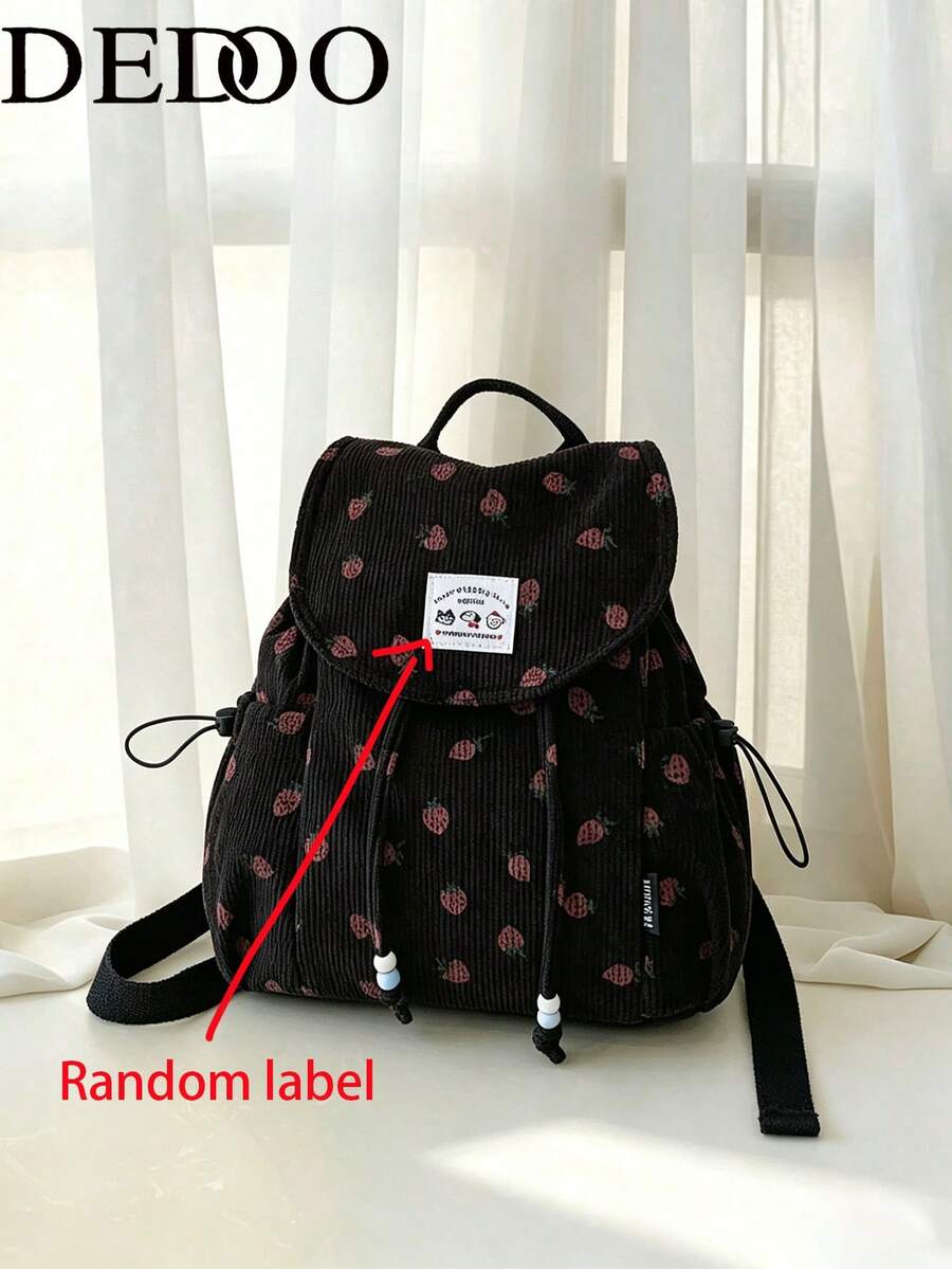 Dedoo Mochila de pana con cordón, bolsillos laterales con cordón de cuentas, gran capacidad, mochila escolar, mochila universitaria de campus, mochila de estilo retro dulce para campus