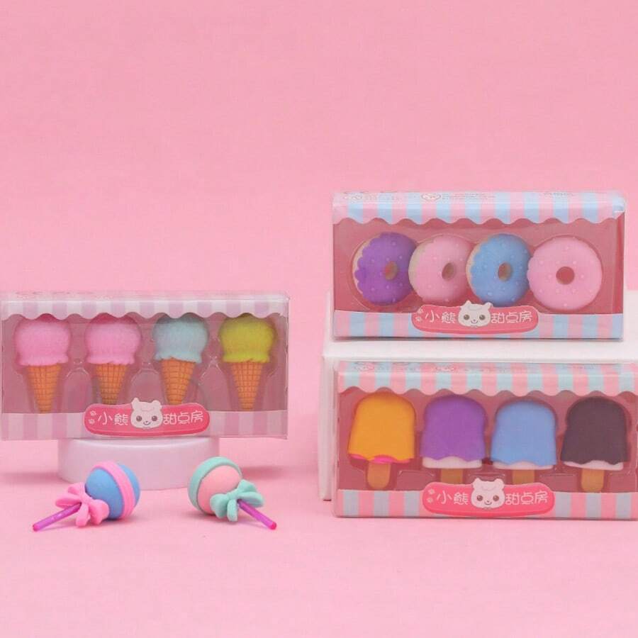 4pcs Candy Color Ice Cream Shaped Erasers, Cute Realistic Pencil Eraser Set, Creative Student Stationery, School Supplies, Back To School - Multicolor - View 1
