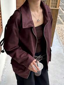Women's Autumn Jacket, Vintage Suede Material, Vacation & Commute, Loose Collegiate Style, Casual Short Motorcycle Jacket - Burgundy - View 8
