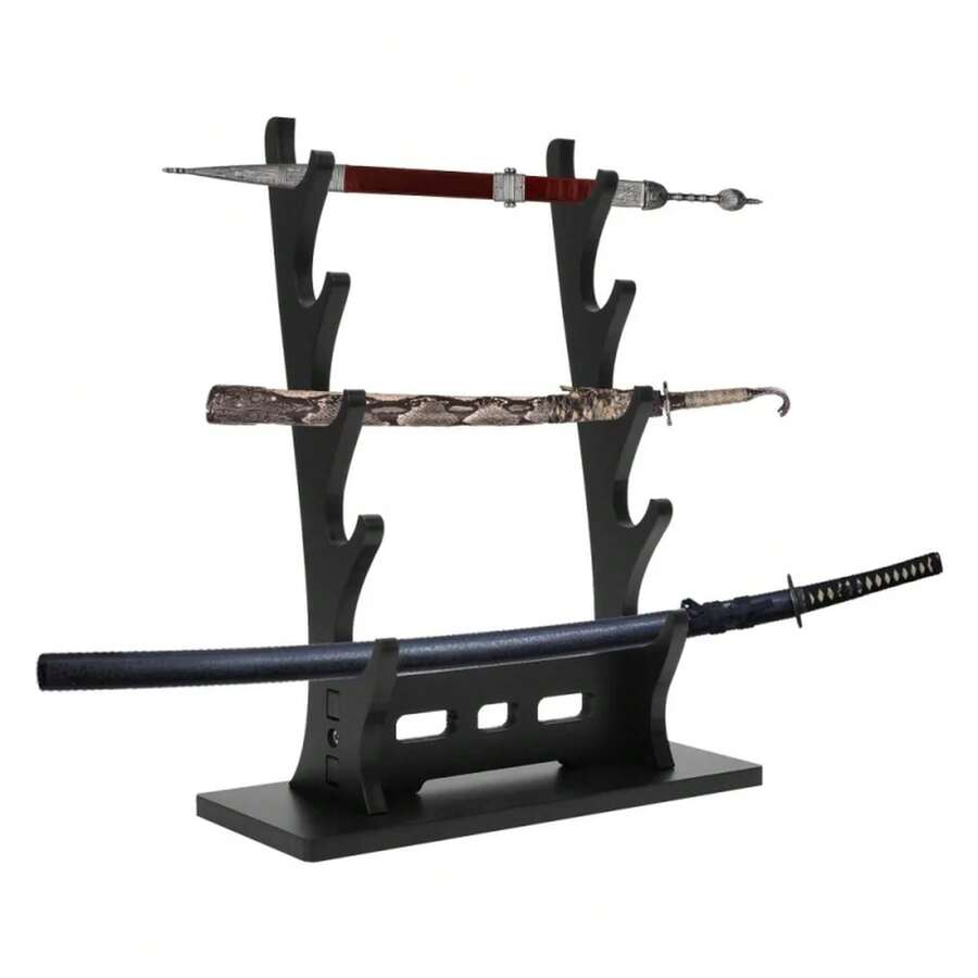 Soporte de exhibición para espadas de 4 niveles, soporte de mesa de escritorio negro para katana, estante de almacenamiento de espadas de madera multicapa para katana, tanto y rapier. HC0T - Estilo 1 - Ver 1