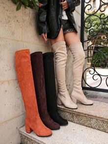 Women's Chunky High Heel, Autumn/Winter Women's Shoes, Thigh High Boots, Round Toe Back Heel Drawstring Lace-Up Slimming High Shaft Boots, Boots, Boot - Black - View 12