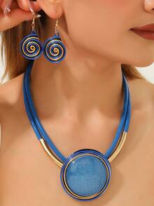 1 Set European American African Bohemian Exaggerated Handmade Heavy Work Aluminum Wire Woven Geometric Resin Necklace & Earrings - Royal Blue - View 6