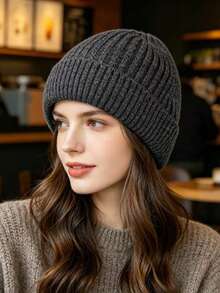 1 Ribbed Knit Beanie Simple Solid Color Loose Large Hat Men's And Women's Autumn And Winter Warm Ear Protection Wool Hat - 1pcs - View 3