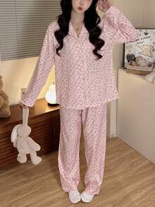 Women's 2-Piece Pink Leopard Print Pajama Set, Cardigan Button Long Sleeve & Long Pants, Wearable Loungewear, Autumn/Winter - Pink - View 6