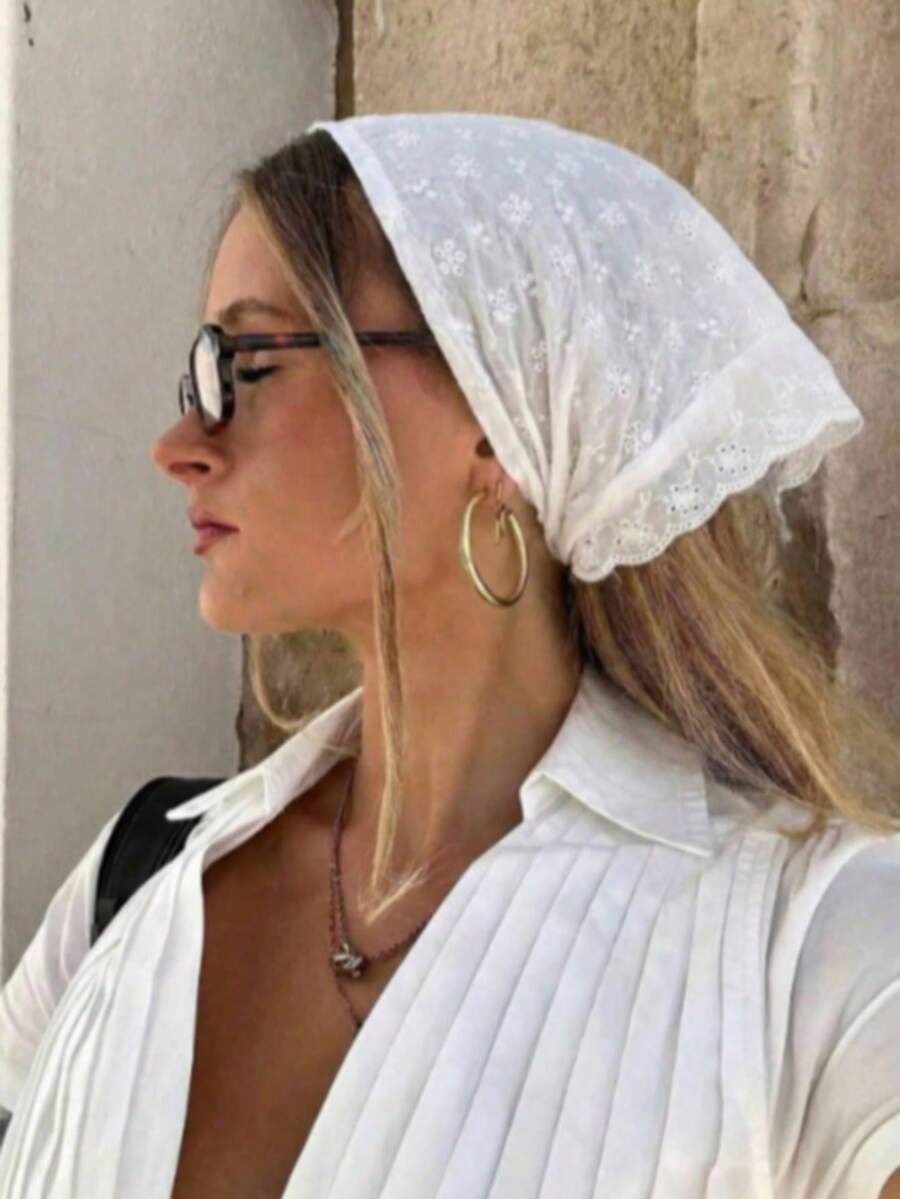 1 Peça Lenço Triangular de Renda Francesa Elegante - Acessório de Cabelo Branco Doce, Proteção Solar de Verão Vintage, Acessório de Cabeça Feminino |Lenço de Renda Vintage|Faixa de Cabeça - Branco - Visão 1