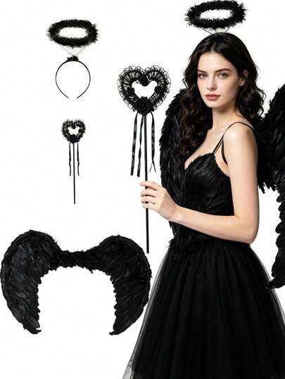 3Pcs D EXCEED Back Angel Wings Costume For Women - Angel Wing With Headband Halo Magic Wand For Halloween Cosplay Party Accessories