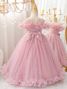 Girls' Dusty Pink Starry Glitter Tulle Long Dress With Off-Shoulder Ruffle, 3D Ruffle Puff Skirt, All-Over Star Print Mesh Princess Gown For Birthday, Dreamy Party, Photography, Piano Competition, Hosting, Performance, Evening Formal Dress - Coral Pink - View 7