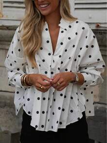 Women's V-Neck Fashion White Polka Dot Contrast Color Long Sleeve Collared Shirt, Suitable For Autumn Daily Wear - White - View 3