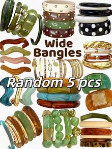Random 16/12/8/5/4pcs Vintage Fashion Elegant Bohemian Style Daily Geometric Asymmetrical Brown Green Black Red Colorful Resin Acrylic Marbled Exaggerated Wide Wave Rivet Elastic Bangle Stackable Gold-Tone Plain Carved Hammered Texture Bracelet Set Y2K Minimalist Personalized Premium Jewelry For Women Daily Beach Casual Vacation Party Wear - Multicolor - View 10
