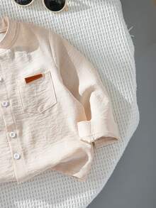 2pcs/Set Boys' Fashionable Comfortable Woven Fabric Small Stand Collar Cardigan Pocket Leather Patch Decor Apricot & Navy Blue Long Sleeve Shirts, Open Front Design, Suitable For Commuting, School, Casual, Vacation, Sports, Spring And Autumn - Multicolor - View 6