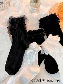 16/12/6/4/1 Pairs Women's Lace Trim Mid-Calf Socks, Preppy Casual Socks, Socks Socks Women Fall Back To School - White - View 13
