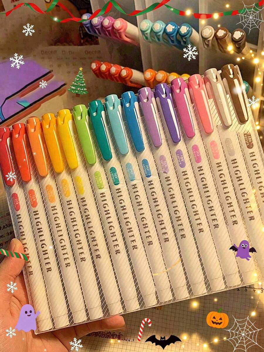 15 Colors Fluorescent Marker Set, Soft Water-Based Dual-Tip Markers, Highlighters, Pens, Drawing, Notebook, Diary, Student Stationery, Office Supplies, Back To School Essentials (Random Style) - Multicolor - View 1
