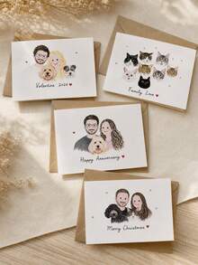 Custom Portrait Greeting Card, Personalized Photo Drawing Card With Custom Text, Hand‑Drawn Family & Pet Portrait, Sweet Gift For Valentine's Day, Anniversary, Suitable For Sending Warm Wishes To Your Loved Ones - Multicolor - View 3