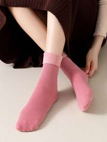 3/6/10 Pairs Random Style Women's Morandi Multicolor Solid Color Folded Cuff Terry Ribbed Socks, Thickened Warm Mid-Calf Socks, Japanese Minimalist Academy Style - Multicolor - View 6