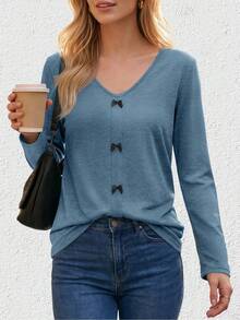 Women's V-Neck Long Sleeve T-Shirt, Bow Decor, Regular Length Top, Suitable For Autumn/Winter Wear, Casual Style - Gray-blue - View 1