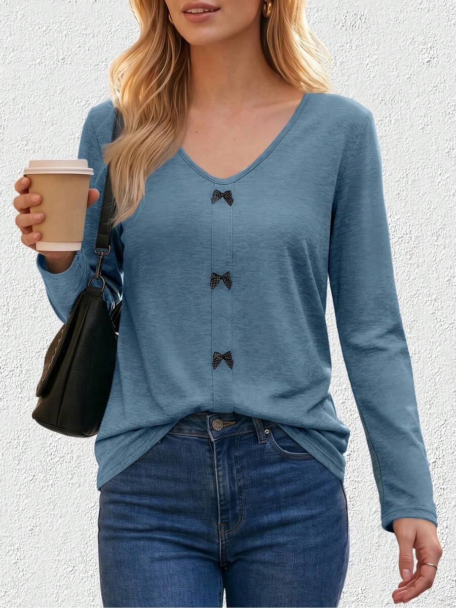 Women's V-Neck Long Sleeve T-Shirt, Bow Decor, Regular Length Top, Suitable For Autumn/Winter Wear, Casual Style - Gray-blue - View 1