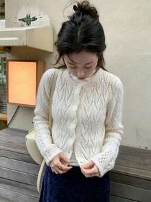 Casual Versatile Hollow Knit Short Cardigan - White - View 1