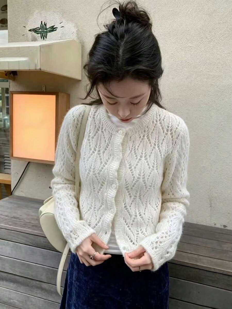 Casual Versatile Hollow Knit Short Cardigan - White - View 1
