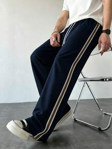 Men's Knitted Long Pants With Contrast Color Design, Casual Sports Straight Leg Pants For Daily Wear And Commuting - Navy Blue - View 4