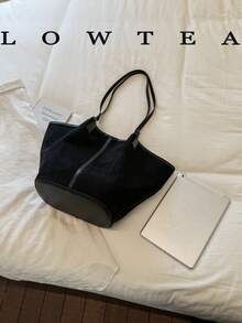 Low Tea 2件組純色麂皮布料女款休閒大容量托特包 BOOK 包，雙手柄設計，磁吸開合，適合旅行、購物、約會，女性禮物，適用於青少年女孩、大學生、初學者和白領上班族，完美適配辦公室、校園、工作、商務、通勤、戶外、旅行、出遊 - 黑色 - 查看 4