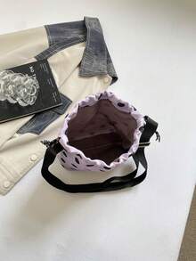 1 pieza Bolso cubo de nailon de unicolor con cordón y patrón de lunares, bolso bandolera para mujer - Púrpura malva - Ver 7
