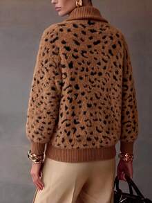 Camel Leopard Fuzzy Half Zip Lapel Collar Long Sleeve Knit Pullover Women Chic Y2K Homecoming Christmas Halloween Back To School Fall Winter - Brown - View 2