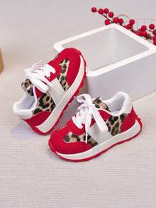 Kids Red-Brown Leopard Print Colorblock Lace-Up Sneakers With Shock-Absorbing Rubber Sole, Casual Daily Wear Shoes - Red - View 5