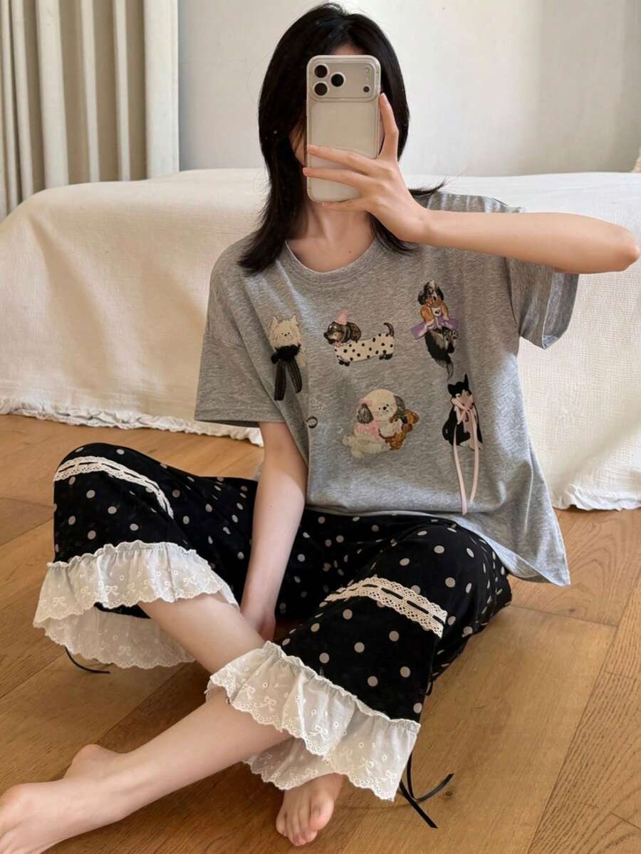 2pcs/Set Women's Pajamas Loungewear Set, Cute Animal Pattern Crew Neck Short Sleeve Polka Dot Print Cropped Pants Comfortable Home Style - Grey - View 1