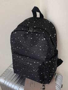 1 pieza Mochila de nailon de gran capacidad para estudiantes, mochila universitaria con diseño minimalista de estrella, mochila de nailon, mochila de viaje - Negro - Ver 3