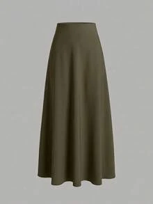 Vela Rue Solid Color A-Line Woven Drape Apricot Skirt, Casual Elegant For Work, Date, All Seasons - Army Green - View 1