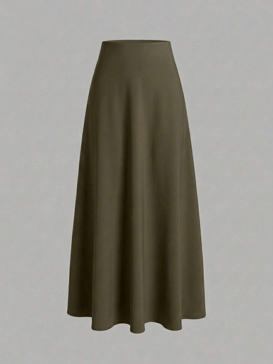 Vela Rue Solid Color A-Line Woven Drape Apricot Skirt, Casual Elegant For Work, Date, All Seasons - Army Green - View 1