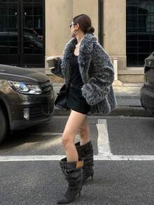 New Popular Autumn/Winter Women's Luxury Oversized Super Loose Faux Fur Coat With Lapel, Extra Long Sleeves Warm Winter Jacket, Essential Glamorous Winter Piece - White-tipped - View 6