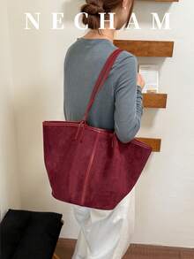 1pc Large Capacity Beach Tote Bag With Pendant, Casual Vacation Style Shoulder Bag - Burgundy - View 2