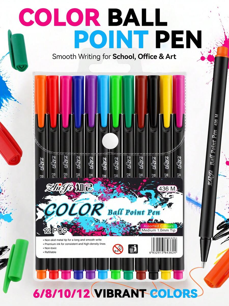 6/8/10/12pcs 1mm Colorful Oil-Based Markers, Student & Office Stationery Pens, Suitable For Crafts, Bookkeeping, Hand Drawing, Notebook Ballpoint Pens, Back To School - Multicolor - View 1