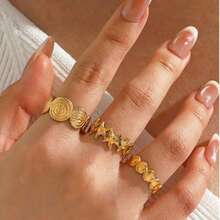 Juego de 3 anillos de acero inoxidable con diseño de concha retorcida y estrella de mar, anillos apilables para mujer - Dorado - Ver 1