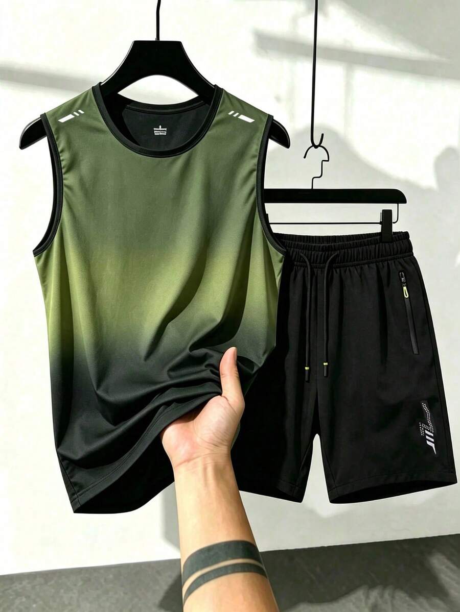 Men's Fitness Gradient Color Sleeveless Tank Top & Side Print Shorts 2 Pieces Sports Set - Multicolor - View 1